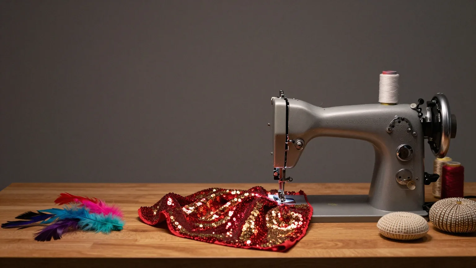 Nähmaschine mit glitzerndem Paillettenstoff, bunten Federn und Garnrollen auf einem Arbeitstisch am Abend