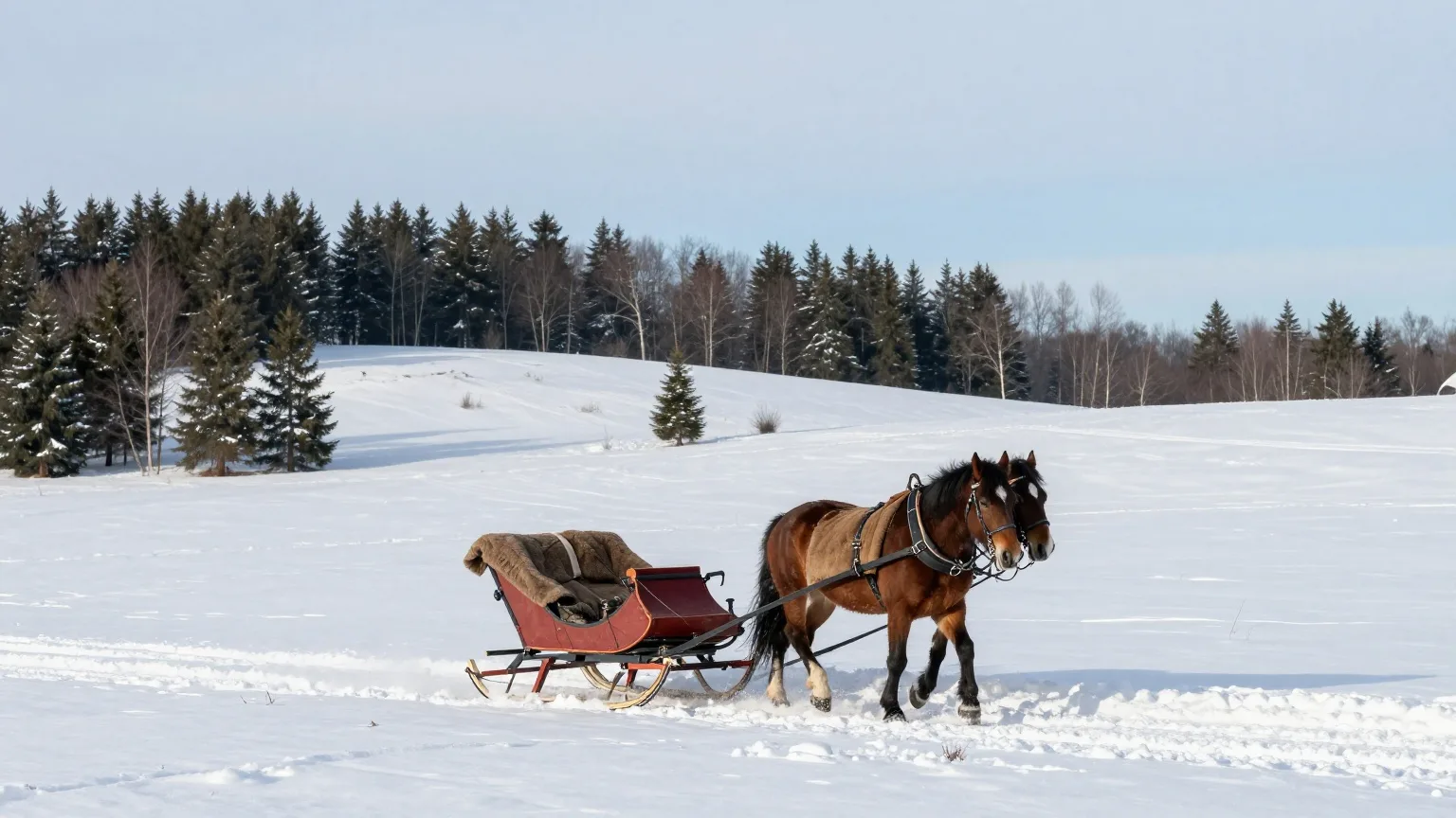 Pferdeschlitten mit warmen Decken fährt durch eine verschneite Hügellandschaft, aus der Ferne fotografiert