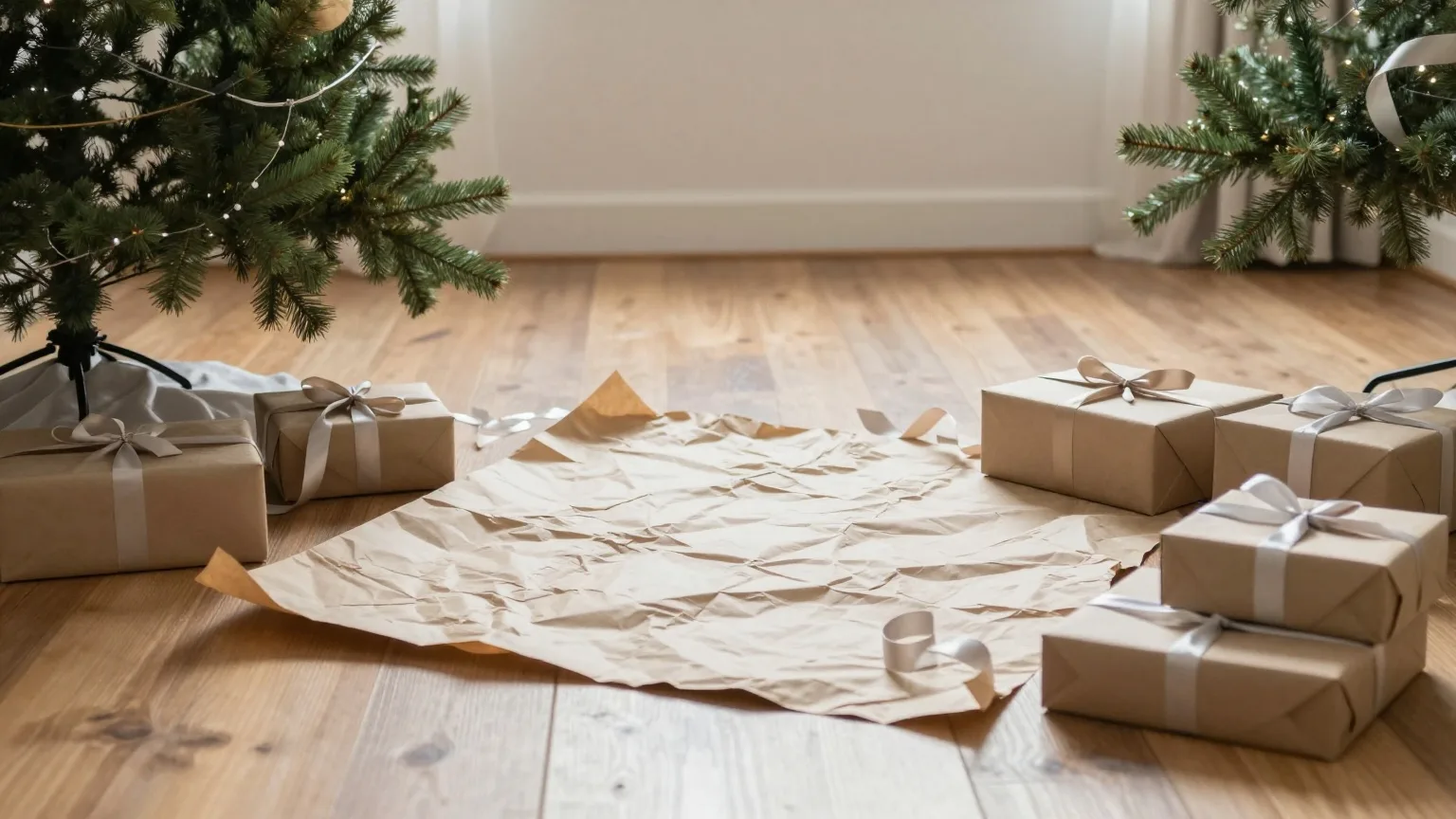 Zerknülltes Geschenkpapier und Bänder auf dem Wohnzimmerboden am Morgen nach der Bescherung
