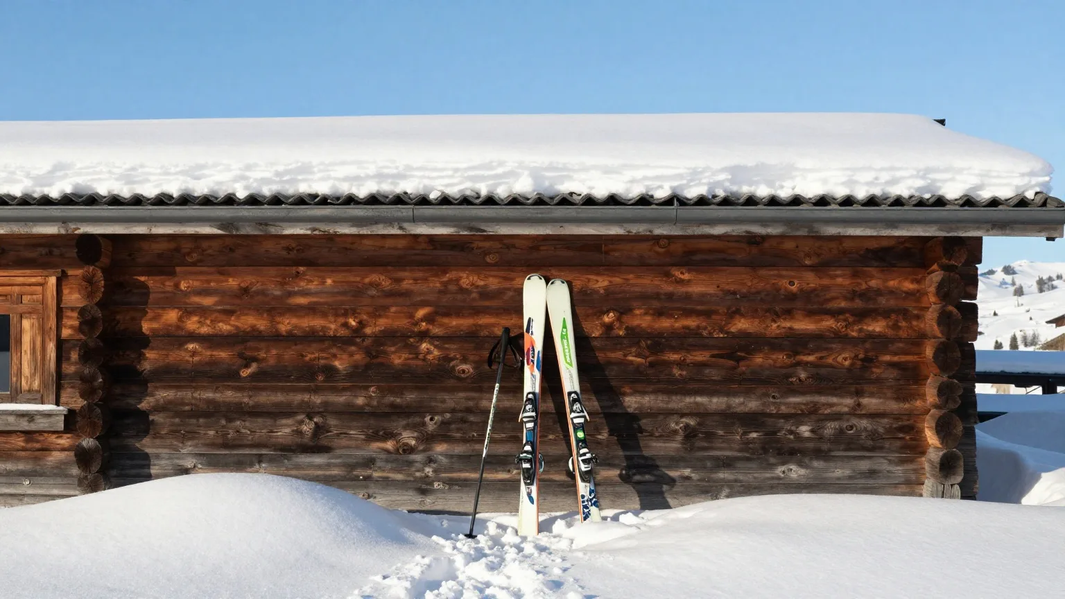 Zwei Paar Ski mit Stöcken lehnen an der Holzwand einer verschneiten Hütte in der Wintersonne