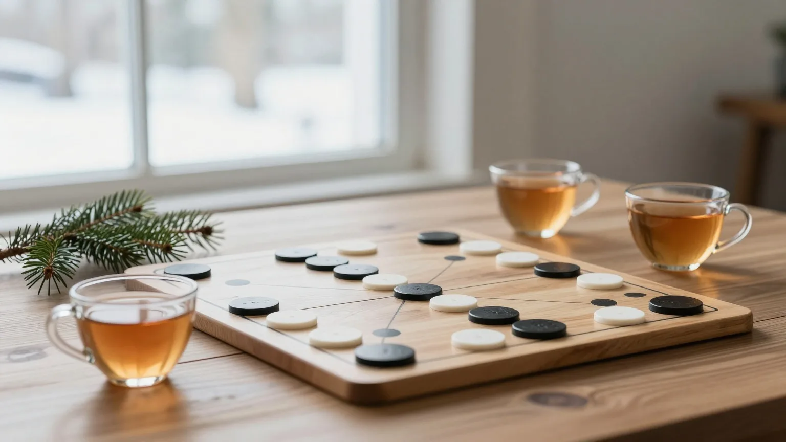 Brettspiel aus Holz mit schwarzen und weißen Steinen und zwei Teetassen auf einem Tisch am Nachmittag