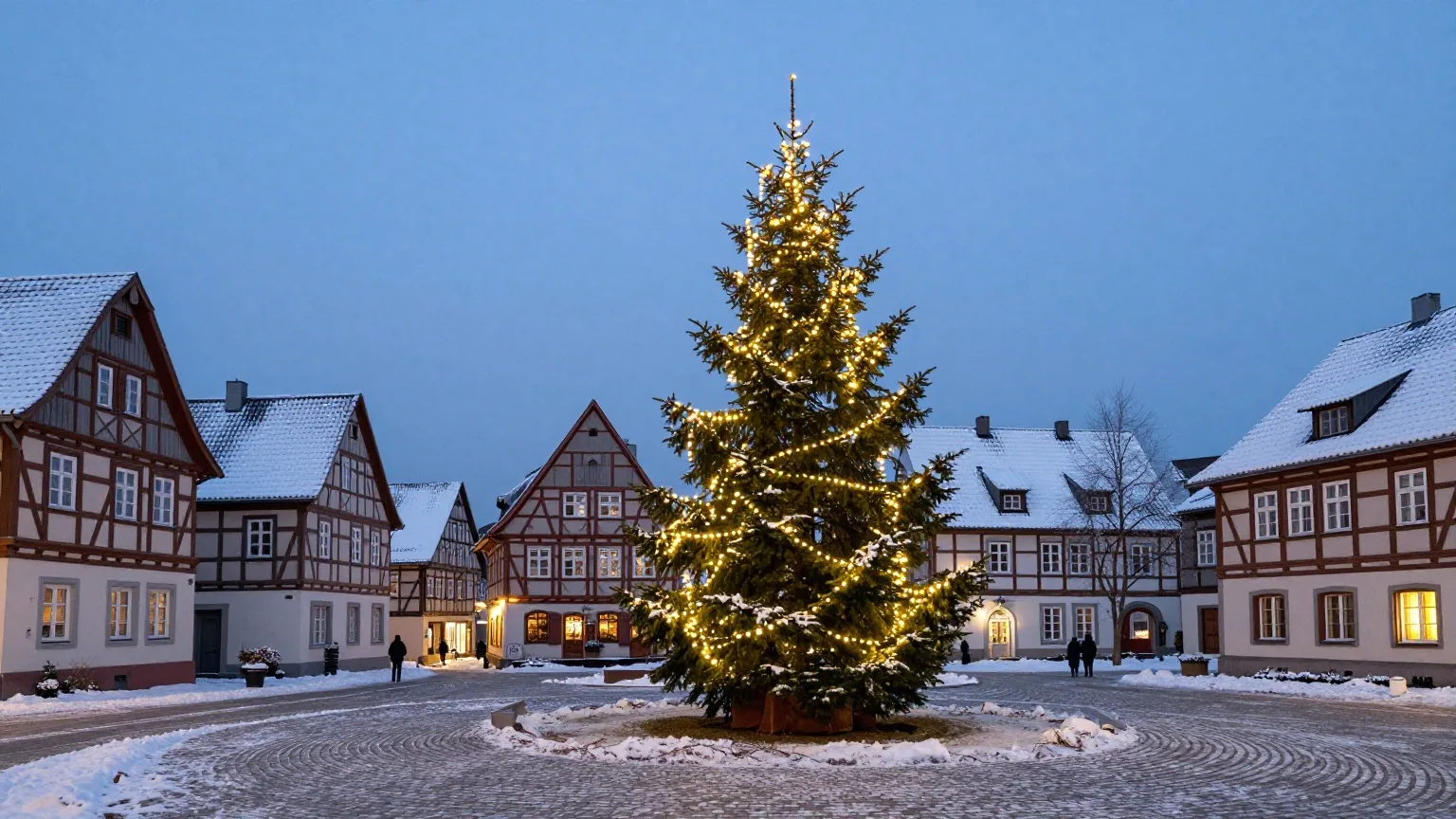 Beleuchteter Weihnachtsbaum auf einem verschneiten Dorfplatz mit Fachwerkhäusern am Abend