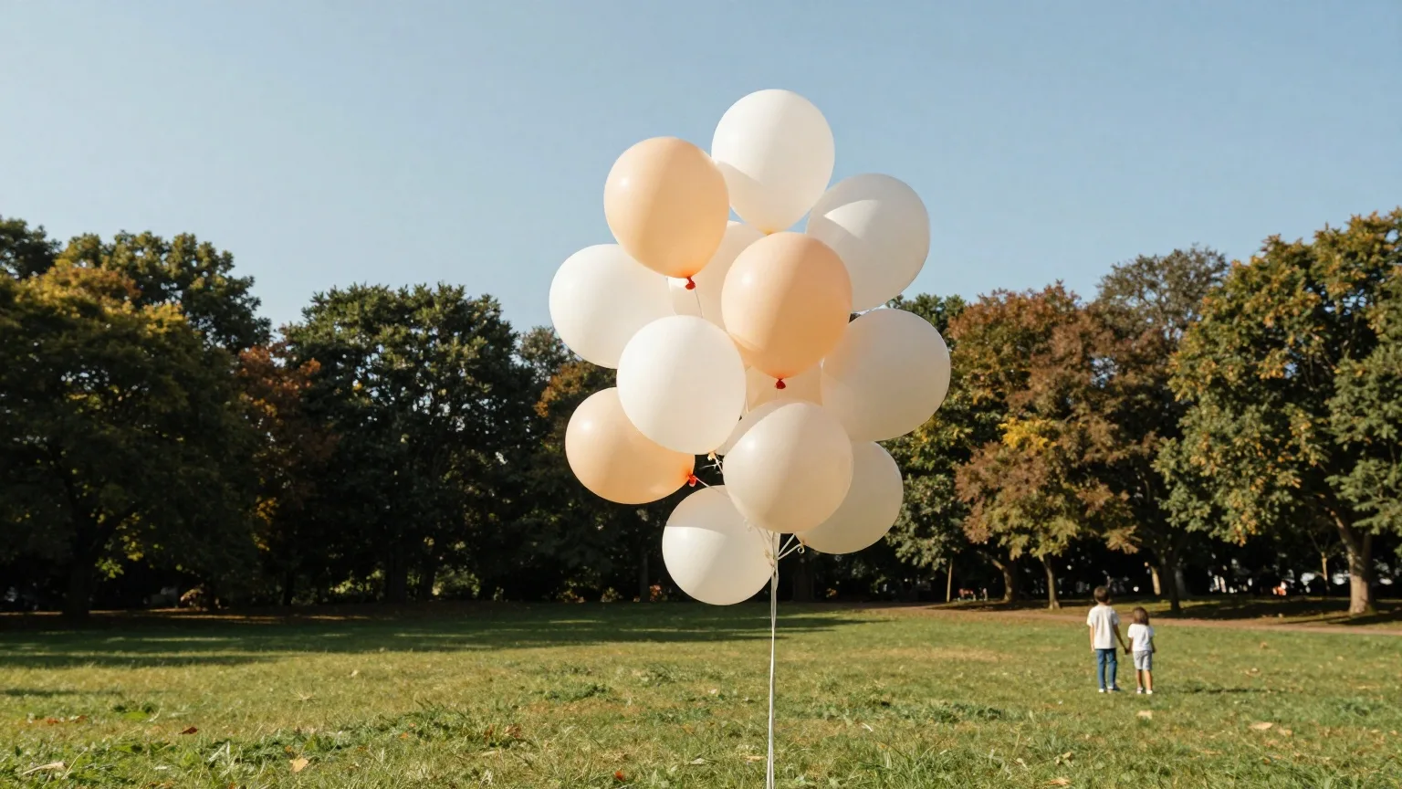Bunte Luftballons an Schnüren über einer Parkwiese, Kinder in der Ferne