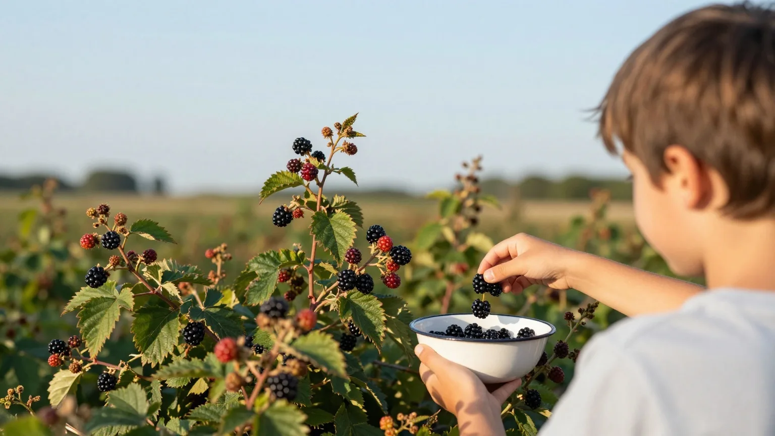 Zwei Kinder pflücken von hinten gesehen Brombeeren an einer Hecke am Feldrand im Spätsommer