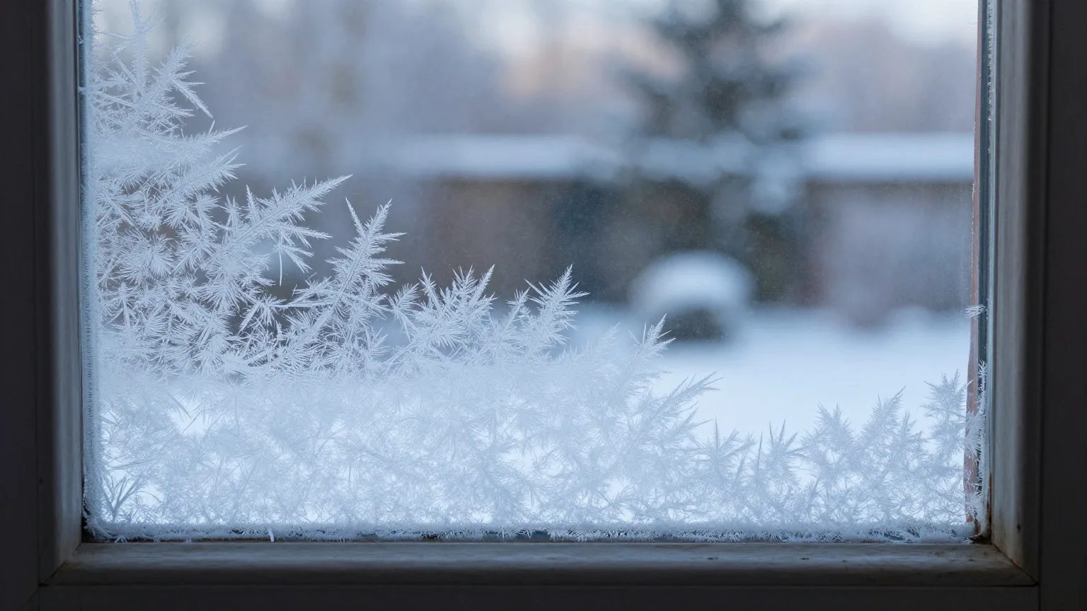 Eisblumen an einer alten Fensterscheibe im ersten Licht eines Dezembermorgens