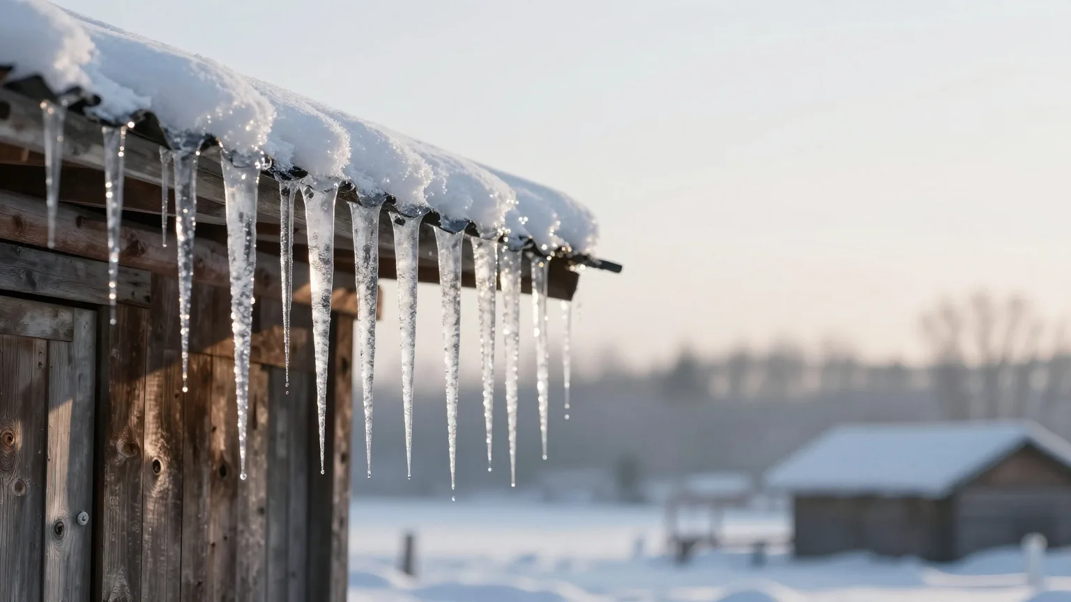 Eiszapfen an der Dachkante eines Holzschuppens im Gegenlicht der tiefen Vormittagssonne