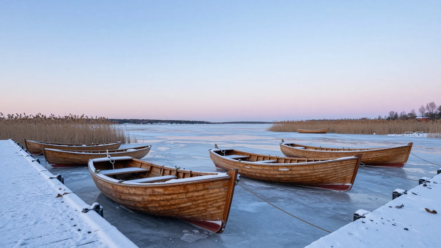 Kleine Fischerboote liegen im zugefrorenen Hafen eines Boddens in der Abenddämmerung