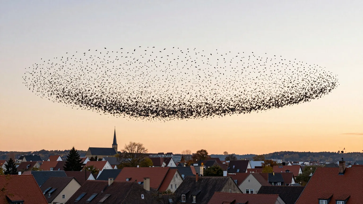 Großer Starenschwarm über den Dächern einer Kleinstadt in der Abenddämmerung