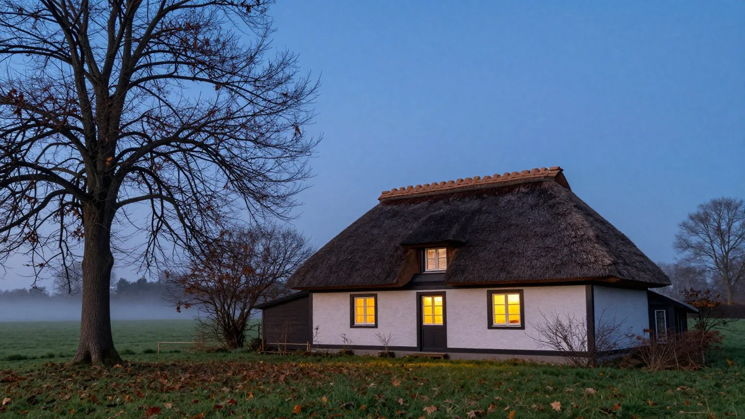 Reetgedecktes Bauernhaus in der Abenddämmerung im Herbst, ein Fenster ist erleuchtet