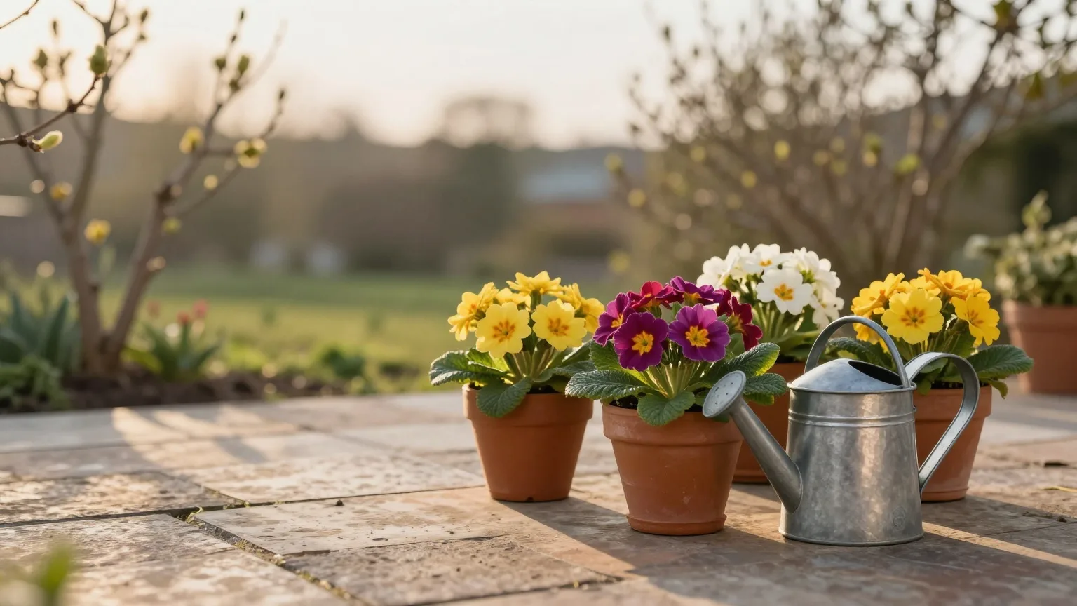 Primeln in Tontöpfen und eine Gießkanne auf einer Terrasse im langen Abendlicht