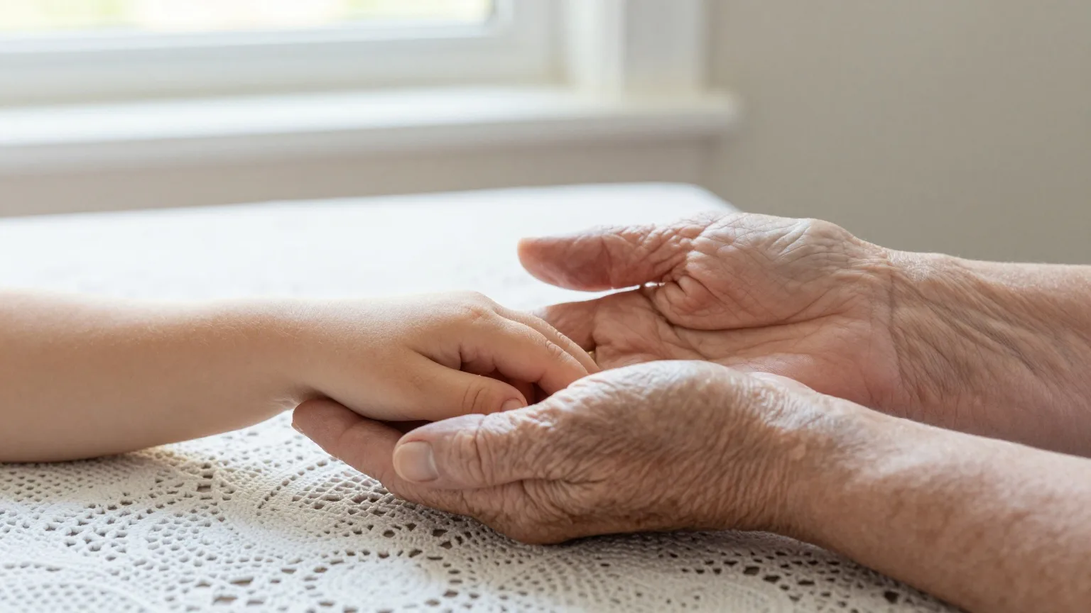 Kinderhand in der Hand einer älteren Frau auf einer gehäkelten Tischdecke im Morgenlicht
