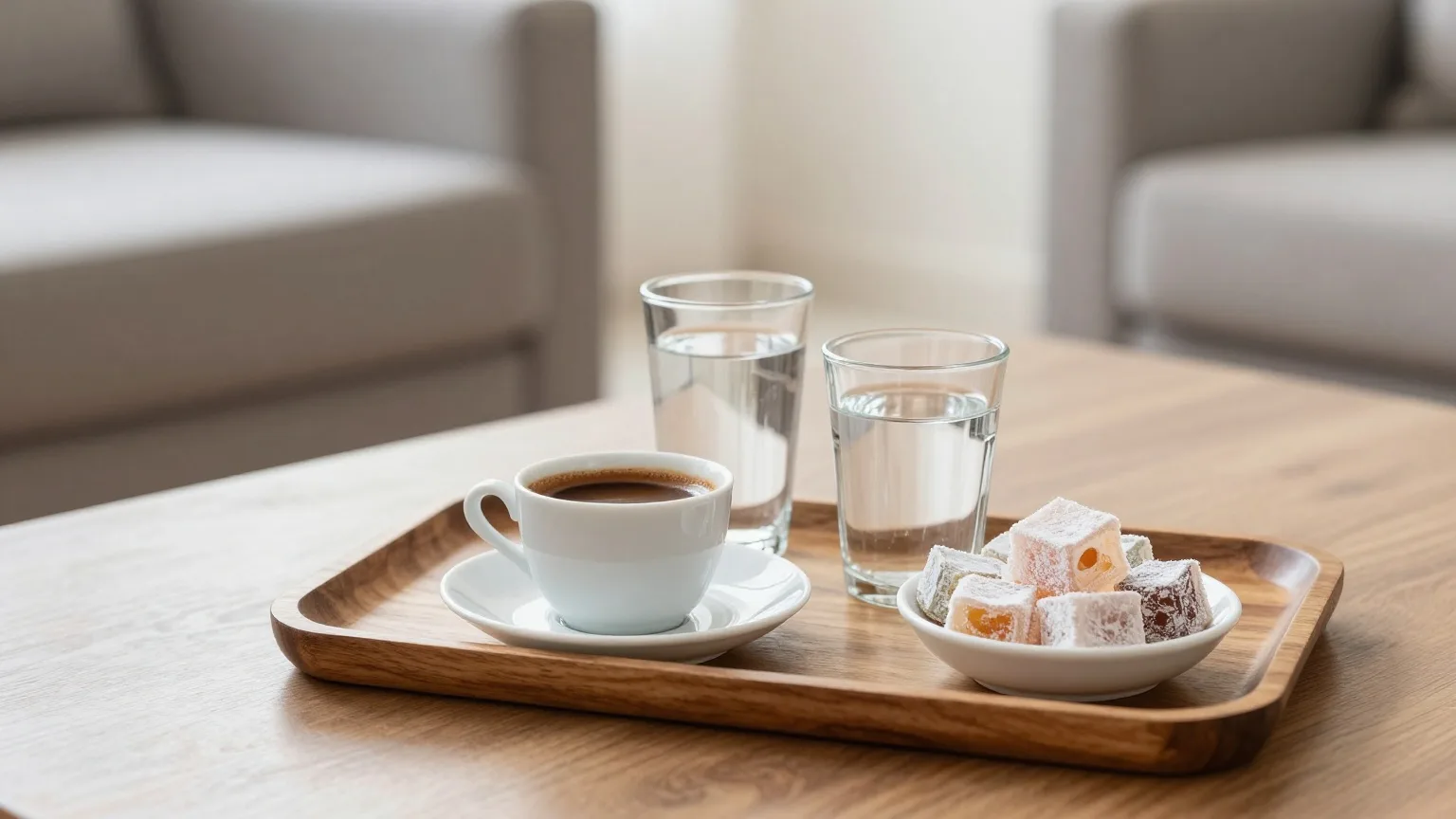 Türkischer Kaffee in kleinen Porzellantassen mit Wassergläsern und einem Schälchen Lokum auf einem Holztablett im Wohnzimmer