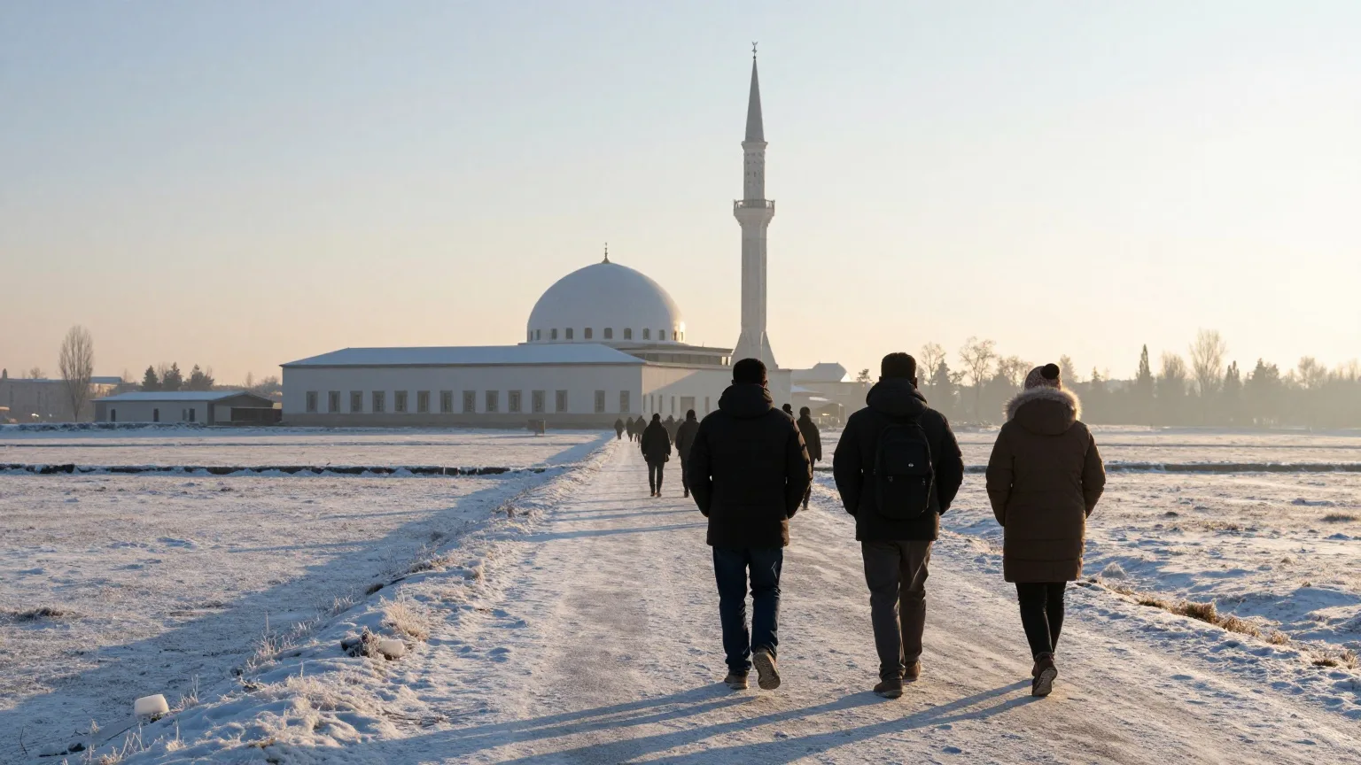 Menschen gehen von hinten gesehen an einem klaren Wintermorgen auf eine Moschee mit Kuppel und schlankem Minarett in der Ferne zu