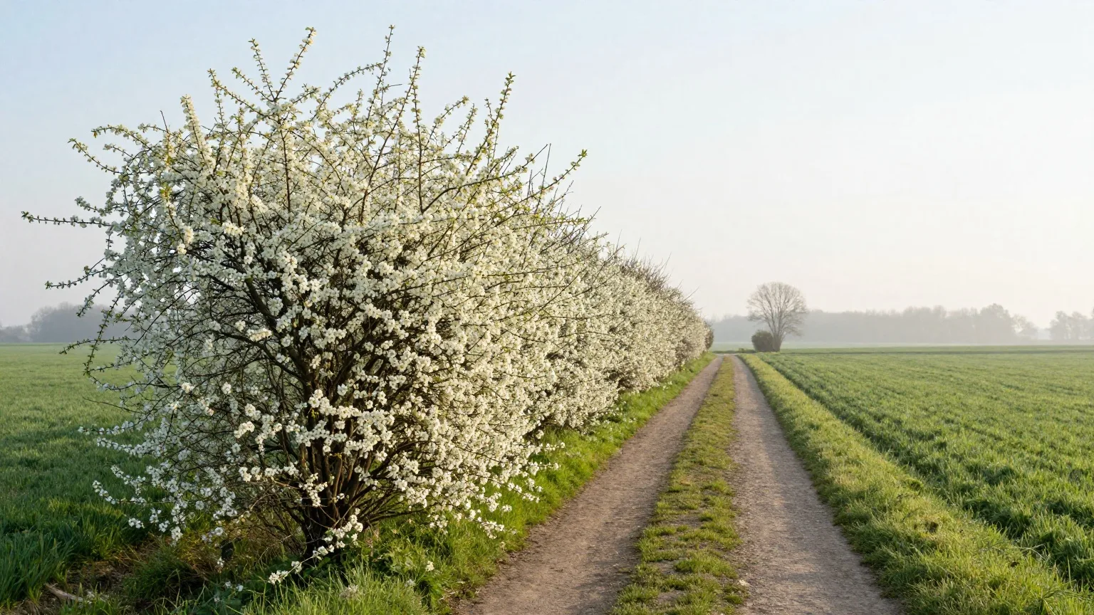 Blühende Schlehenhecke an einem Feldweg im Morgenlicht