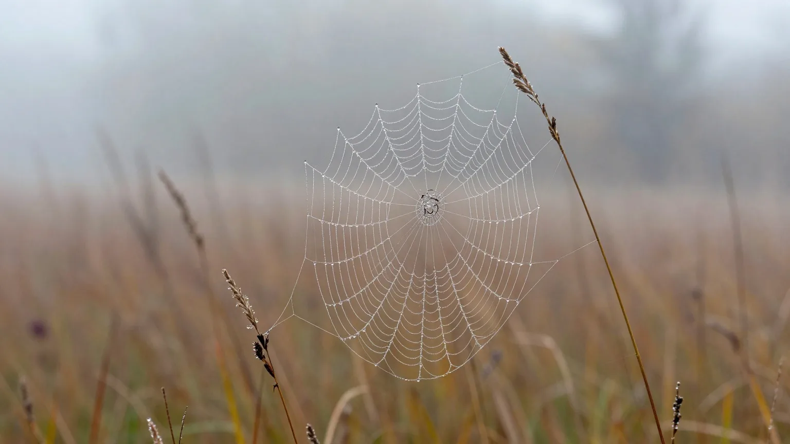 Spinnweben mit Tautropfen auf einer Wiese an einem nebligen Septembermorgen