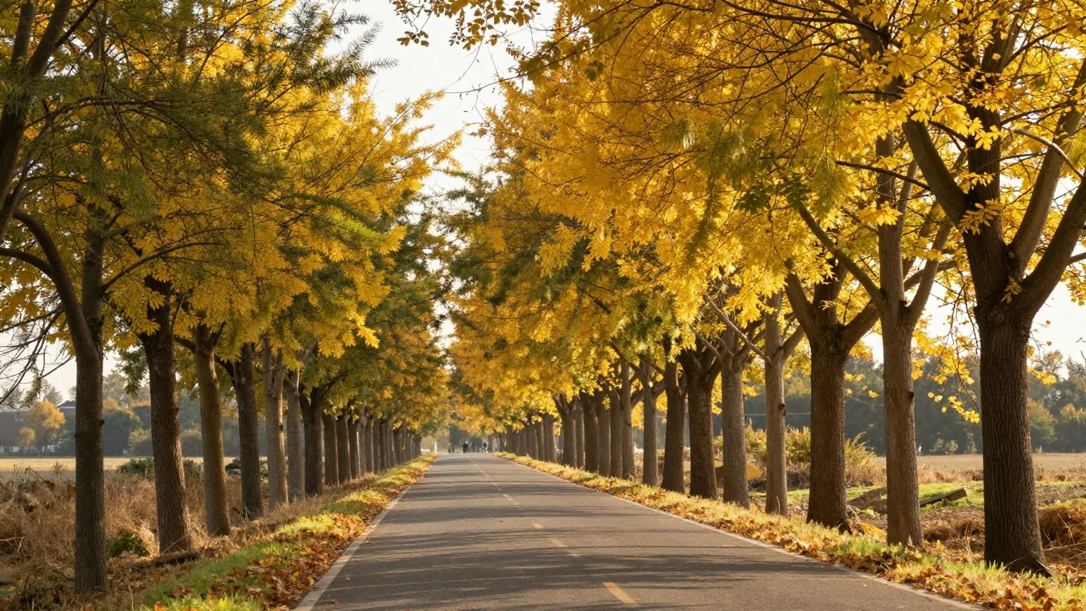 Landstraße mit goldgelb verfärbten Linden in tief stehender Septembersonne