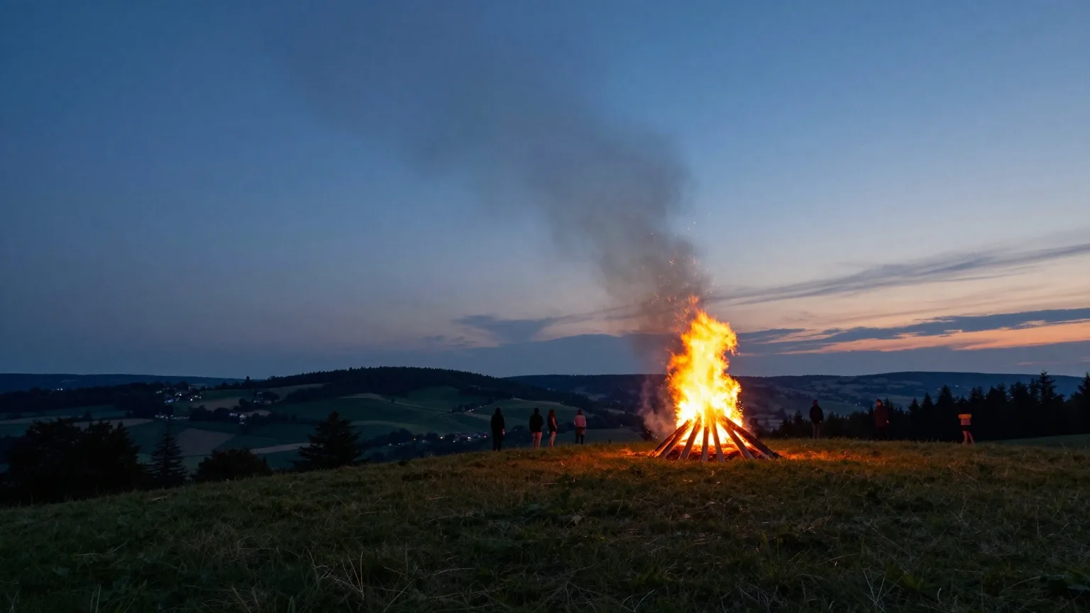 Sonnwendfeuer auf einer Anhöhe in der Abenddämmerung, Menschen stehen in einiger Entfernung