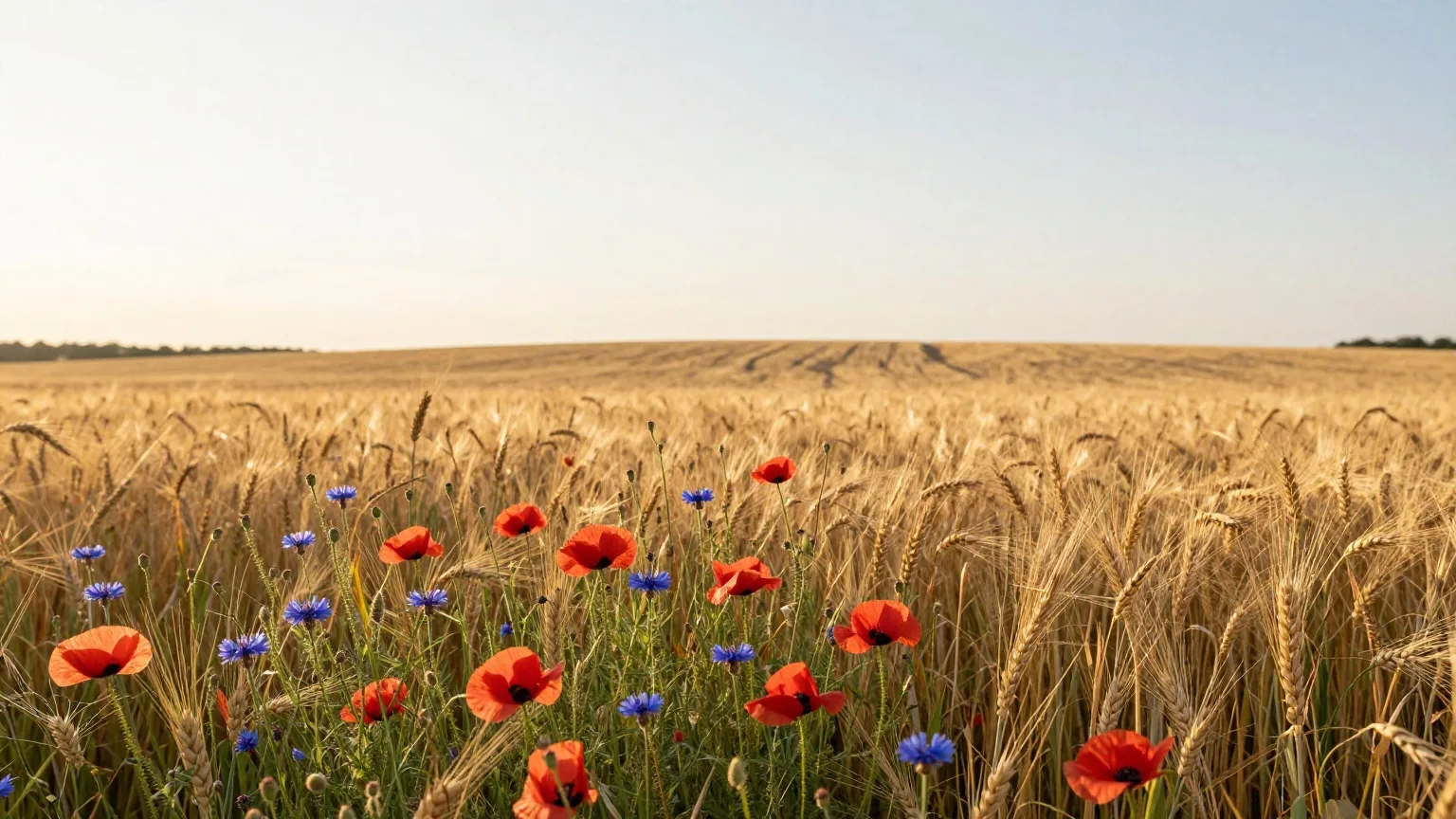 Wiese mit Mohn und Kornblumen am Rand eines Getreidefelds im Abendlicht