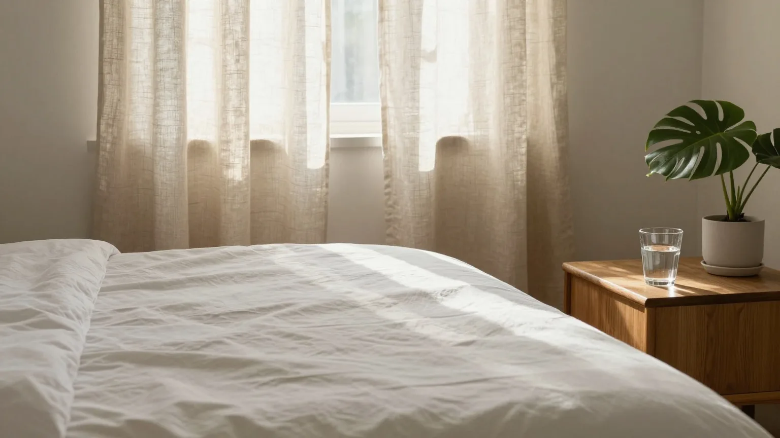 Schlafzimmer mit gemachtem Bett, Morgenlicht fällt durch helle Leinenvorhänge