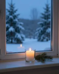Eine brennende weiße Kerze in einem Glas auf der Fensterbank, draußen ein verschneiter Garten zur blauen Stunde