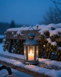 Eine Glaslaterne mit brennender Kerze auf einer verschneiten Gartenbank in der Abenddämmerung