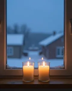 Zwei brennende Kerzen in Gläsern auf einer Holzfensterbank, draußen Schneefall zur blauen Stunde