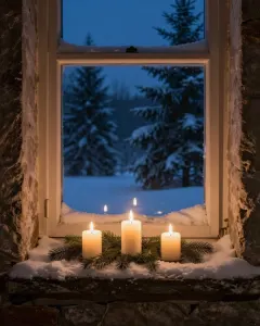 Drei brennende weiße Kerzen mit Tannenzweigen auf einem steinernen Fenstersims, draußen Schnee in der Nacht