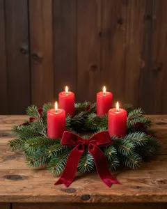 Üppiger Adventskranz mit roten Samtbändern auf einem Holztisch, alle vier Kerzen brennen