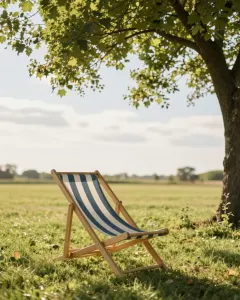 Leerer gestreifter Liegestuhl auf einer sonnigen Gartenwiese im Schatten eines Baums