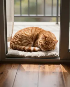 Rote Katze schläft zusammengerollt auf einem Kissen im Sonnenfleck auf dem Holzboden