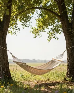 Leere Hängematte zwischen zwei alten Bäumen in einem sonnigen Sommergarten