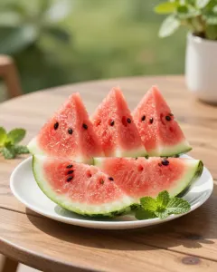 Frische Wassermelonenscheiben auf einem weißen Teller im sommerlichen Garten