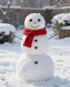 Schneemann mit rotem Strickschal und Karottennase in einem verschneiten Garten