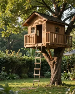 Baumhaus aus Holz mit Strickleiter in einem alten Baum im Sommergarten