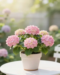 Rosa Hortensie im hellen Keramiktopf auf einem weißen Gartentisch