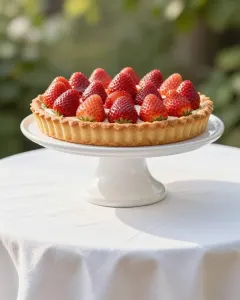 Selbst gebackener Erdbeerkuchen auf einer Tortenplatte im sonnigen Garten