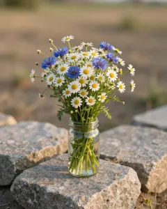 Selbst gepflückter Wiesenblumenstrauß im Einmachglas auf einer sonnigen Natursteinmauer