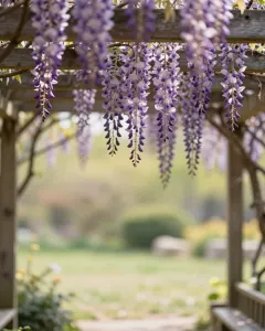 Blühender Blauregen hängt in Kaskaden von einer sonnigen Holzpergola