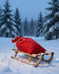 Roter Sack auf einem Holzschlitten im frischen Schnee in der Abenddämmerung