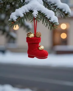 Kleiner roter Filzstiefel mit Nüssen und Schokolade an einem verschneiten Tannenzweig