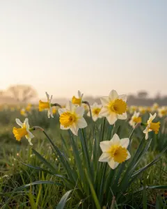 Osterglocken auf einer Wiese im Morgenlicht, aus der Froschperspektive