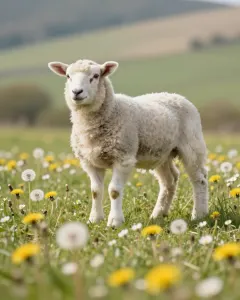 Weißes Lamm auf einer Frühlingswiese mit Löwenzahn und Gänseblümchen