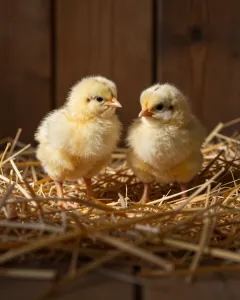 Zwei flauschige gelbe Küken im Stroh bei warmem Licht