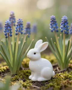 Weiße Hasenfigur aus Keramik zwischen blühenden Traubenhyazinthen im Gartenbeet