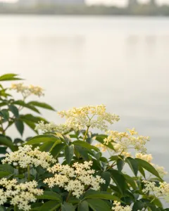 Cremeweiße Holunderblüten an einem Strauch im frühsommerlichen Morgenlicht
