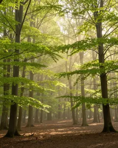Sonnenstrahlen fallen durch das frische Laub eines Buchenwalds