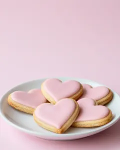 Herzförmige Kekse mit rosa Zuckerguss auf einem weißen Teller