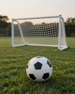 Fußball auf frisch gemähtem Rasen vor einem kleinen Fußballtor im Garten