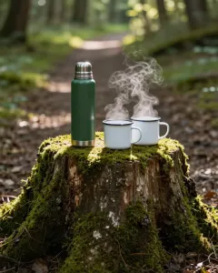 Thermoskanne und zwei Emaillebecher auf einem moosigen Baumstumpf am Waldweg