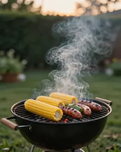 Holzkohlegrill mit Maiskolben, Paprika und Würstchen im Garten bei Abendlicht